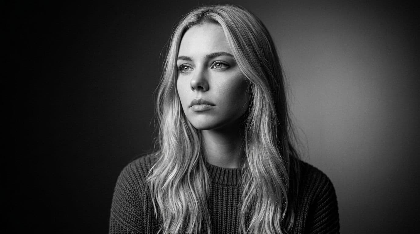 Portrait éditorial en noir et blanc d'Irina Petrova, cheveux blonds ondulés, regard hors champ.