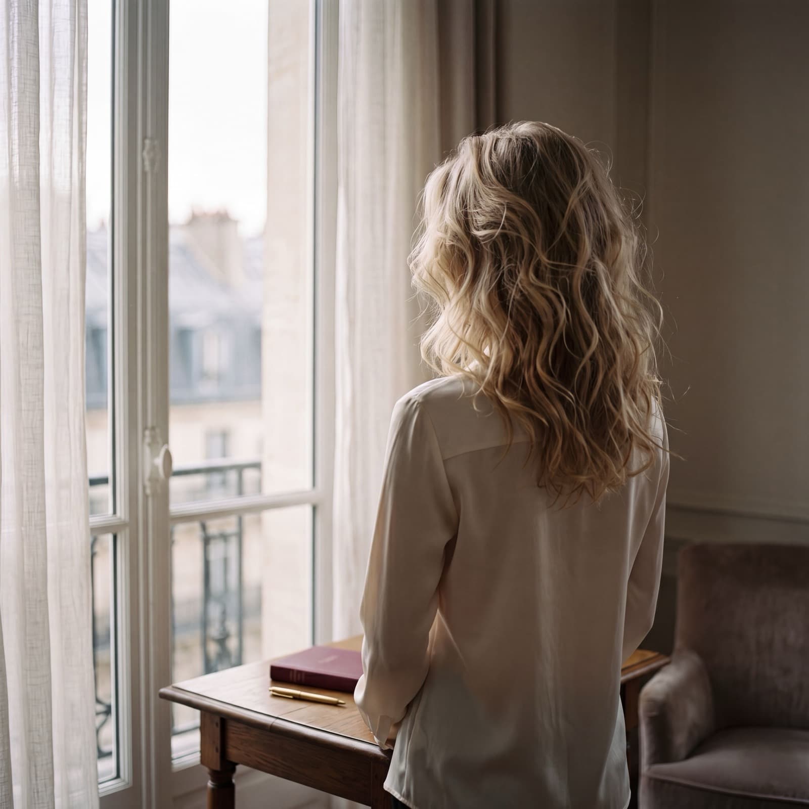 Irina de dos, cheveux blonds ondulés, devant une fenêtre haussmannienne aux voilages, toits de Paris au loin