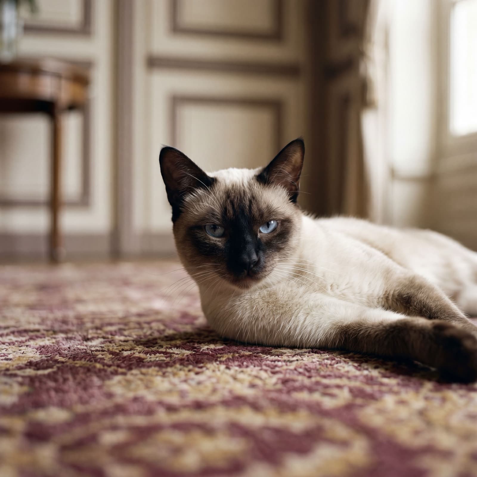 Volodia, le chat siamois d'Irina, allongé sur un tapis ancien aux tons bordeaux et or