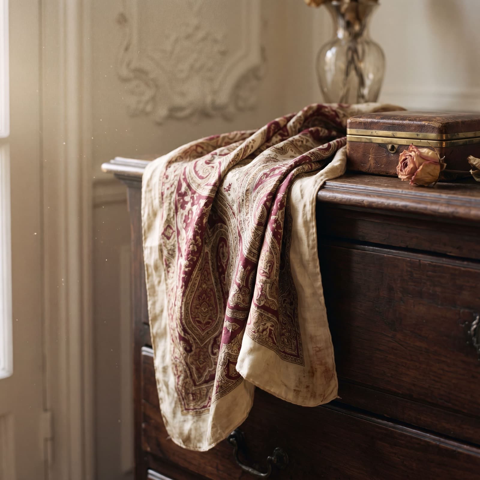 Un foulard ancien à motif cachemire posé sur une commode en bois sombre
