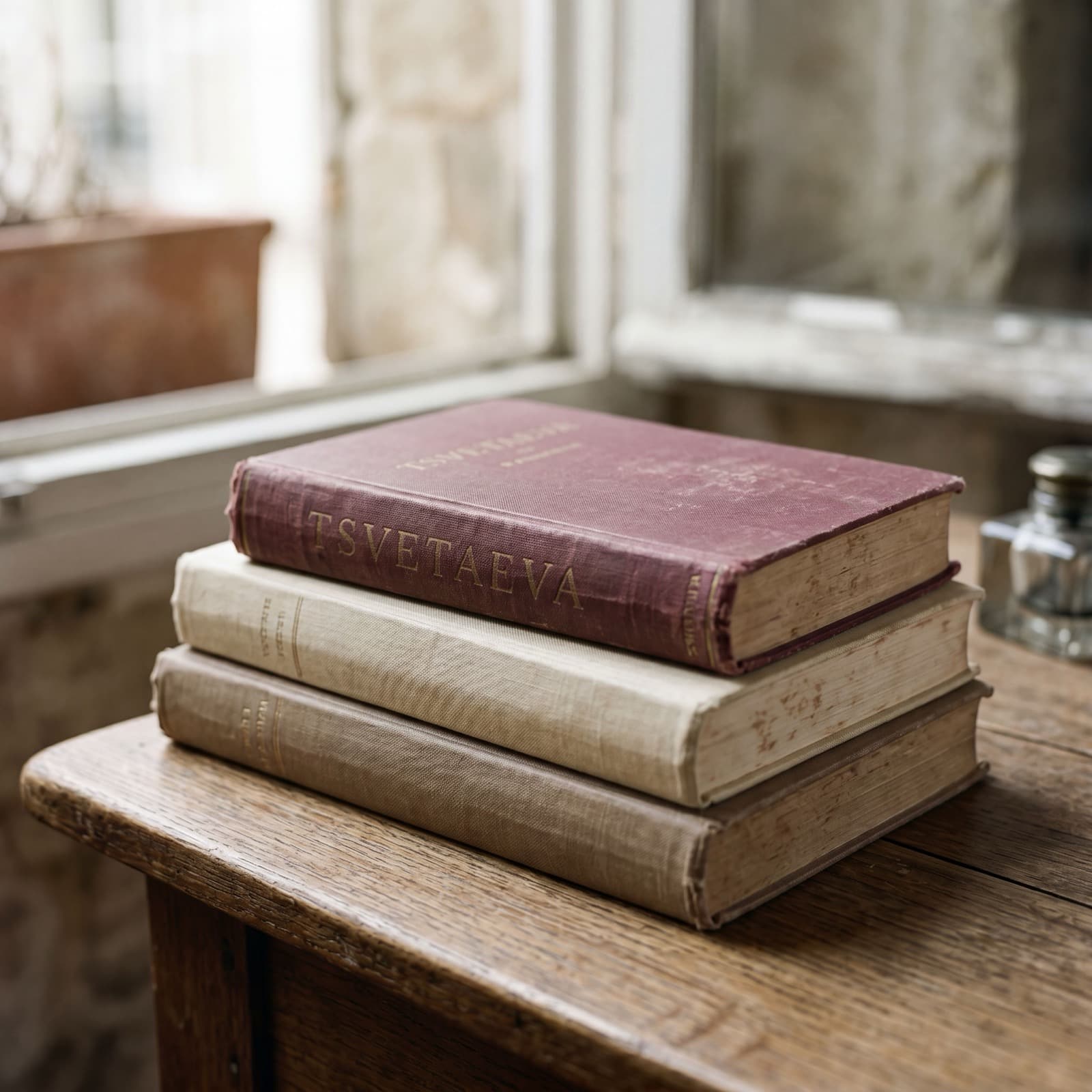 Une pile de livres anciens, la tranche d'un recueil de Tsvetaïeva bien visible