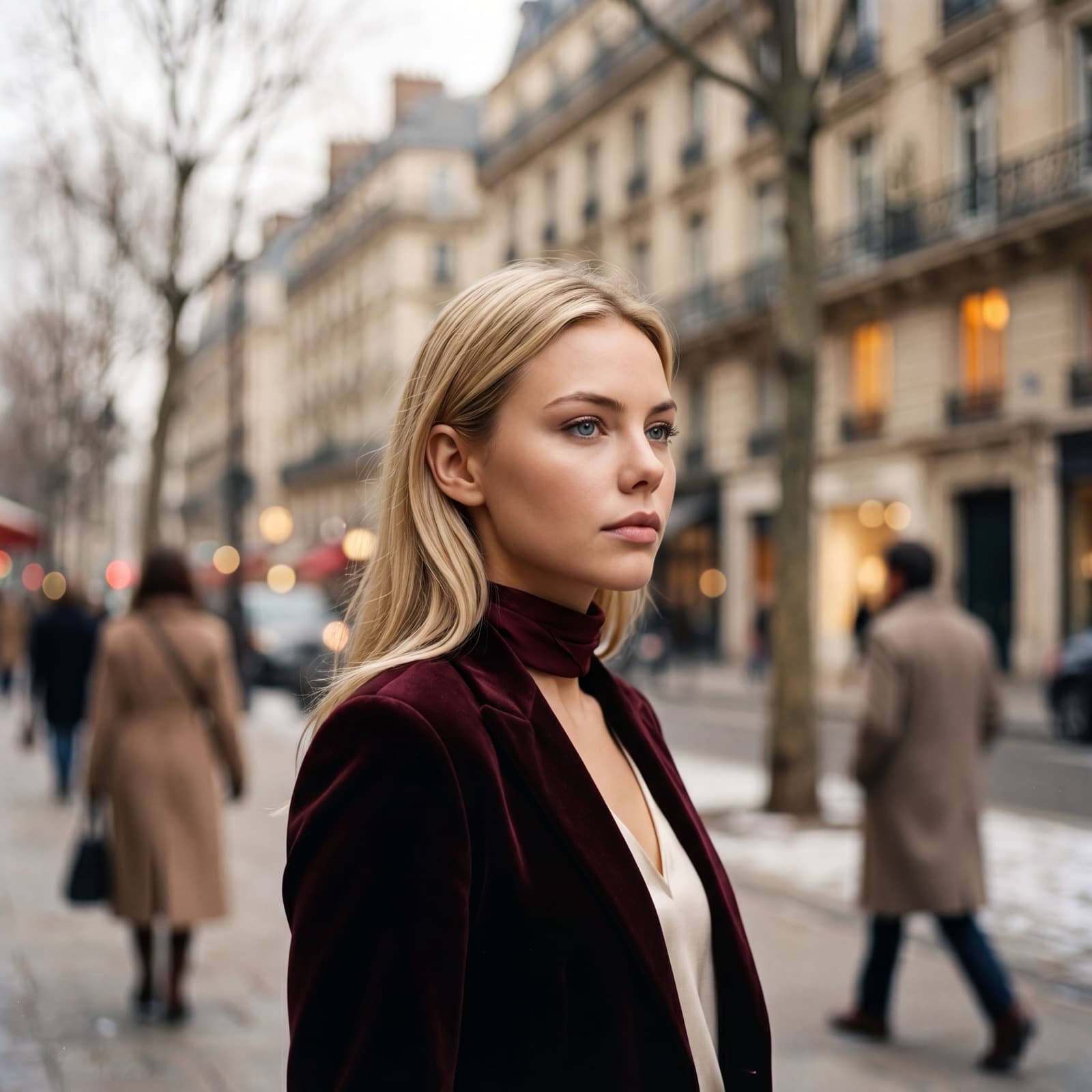Irina dans une rue parisienne en hiver, blazer de velours bordeaux, façades haussmanniennes floues en arrière-plan